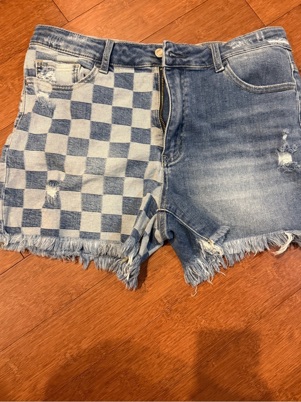 Vervet Checkerboard Patch Denim Shorts - Blue